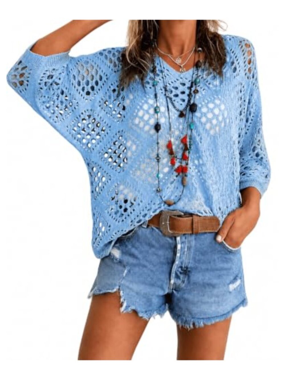 Crochet Cover Up Top Summer Short Sleeve Boho Beach Swimsuit Coverup